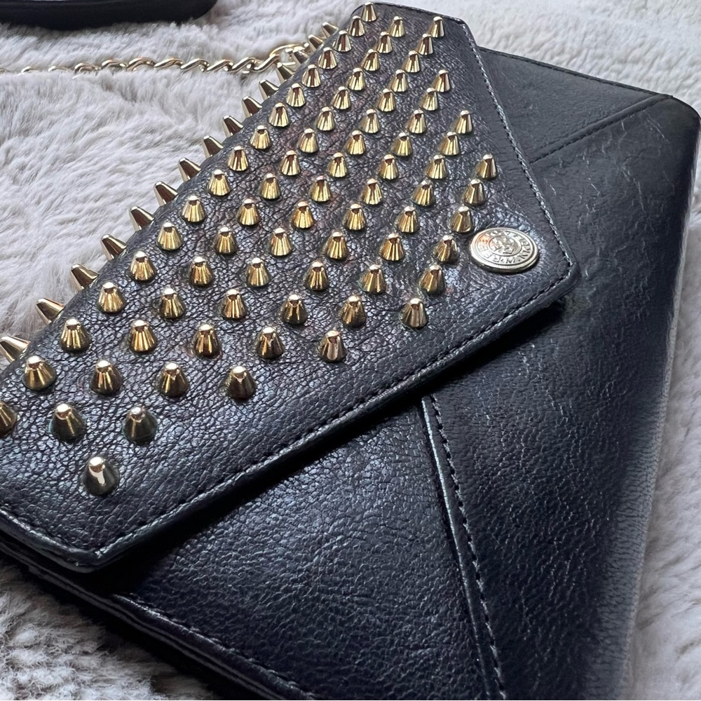 Rebecca Minkoff Crossbody Bag Studded Chain Black Leather Gold Biker Grunge Rock - Picture 9 of 16